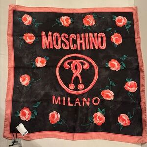Moschino Milano Women’s Silk Scarf, Double Question Mark & Roses, Made In Italy
